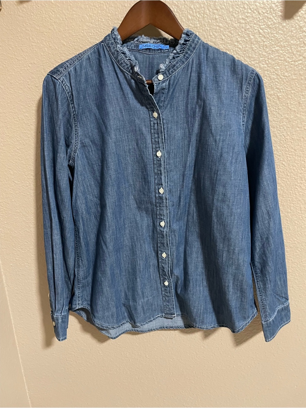 J. McLaughlin Medium Blue Denim Ruffle-Neck Button-Down